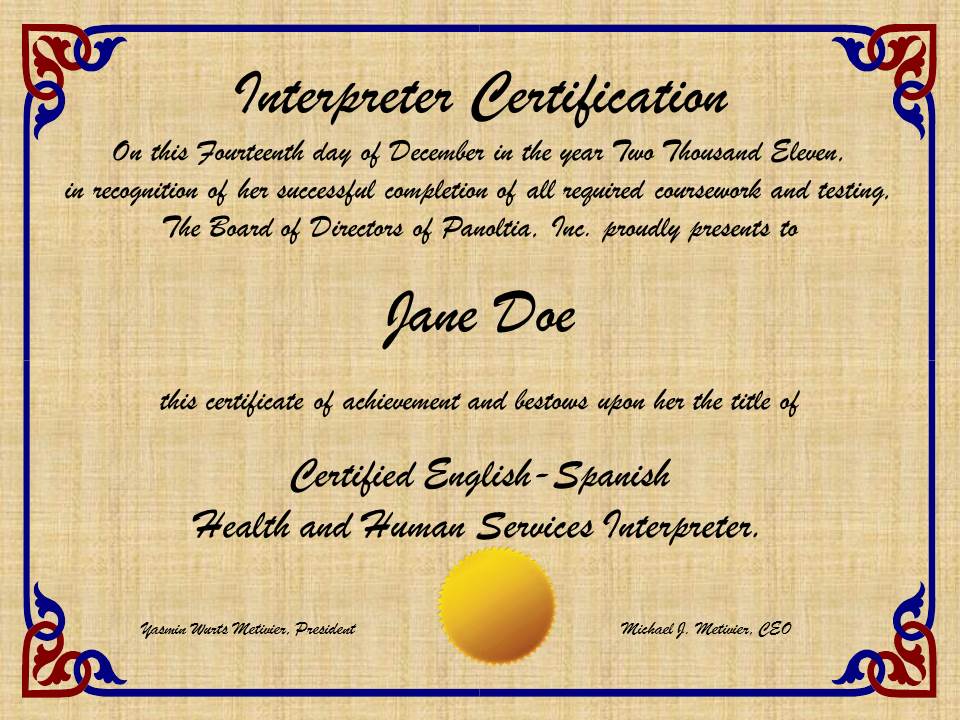 Certified Interpreter Certificate TUTORE ORG Master of Documents